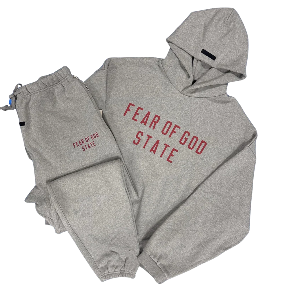 Fear of God Essentials Fleece Tracksuit Heather Grey Red